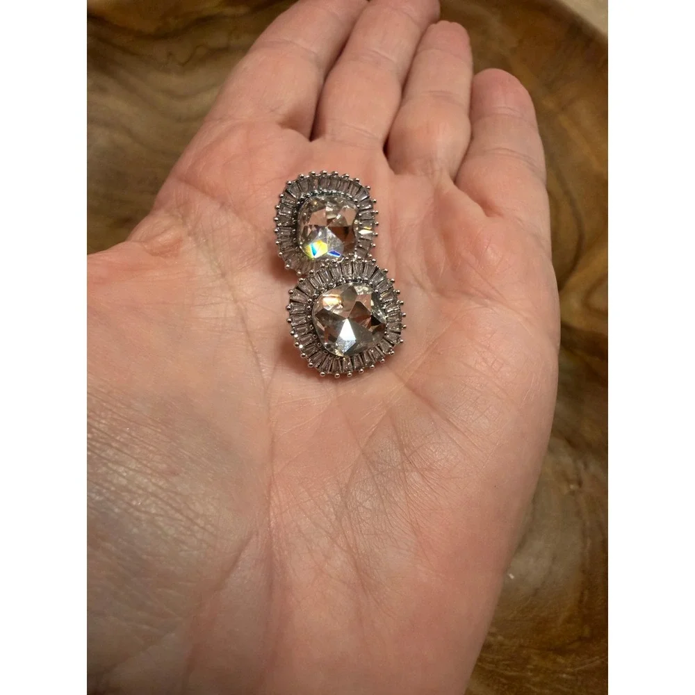 Silver‎ Tone Cushion Cut Crystal Sunburst Halo Stud Earrings NEW